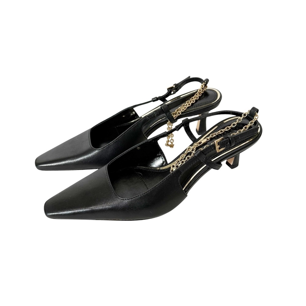 Paige Winnie Womens Black Leather Chain Ankle Strap Slingback Pump Size 6.5